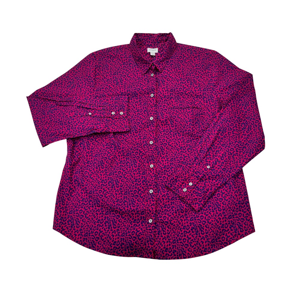 J.Crew Womens XXL Pink Navy Leopard Print Button Down Shirt AS367 Stretch Cotton